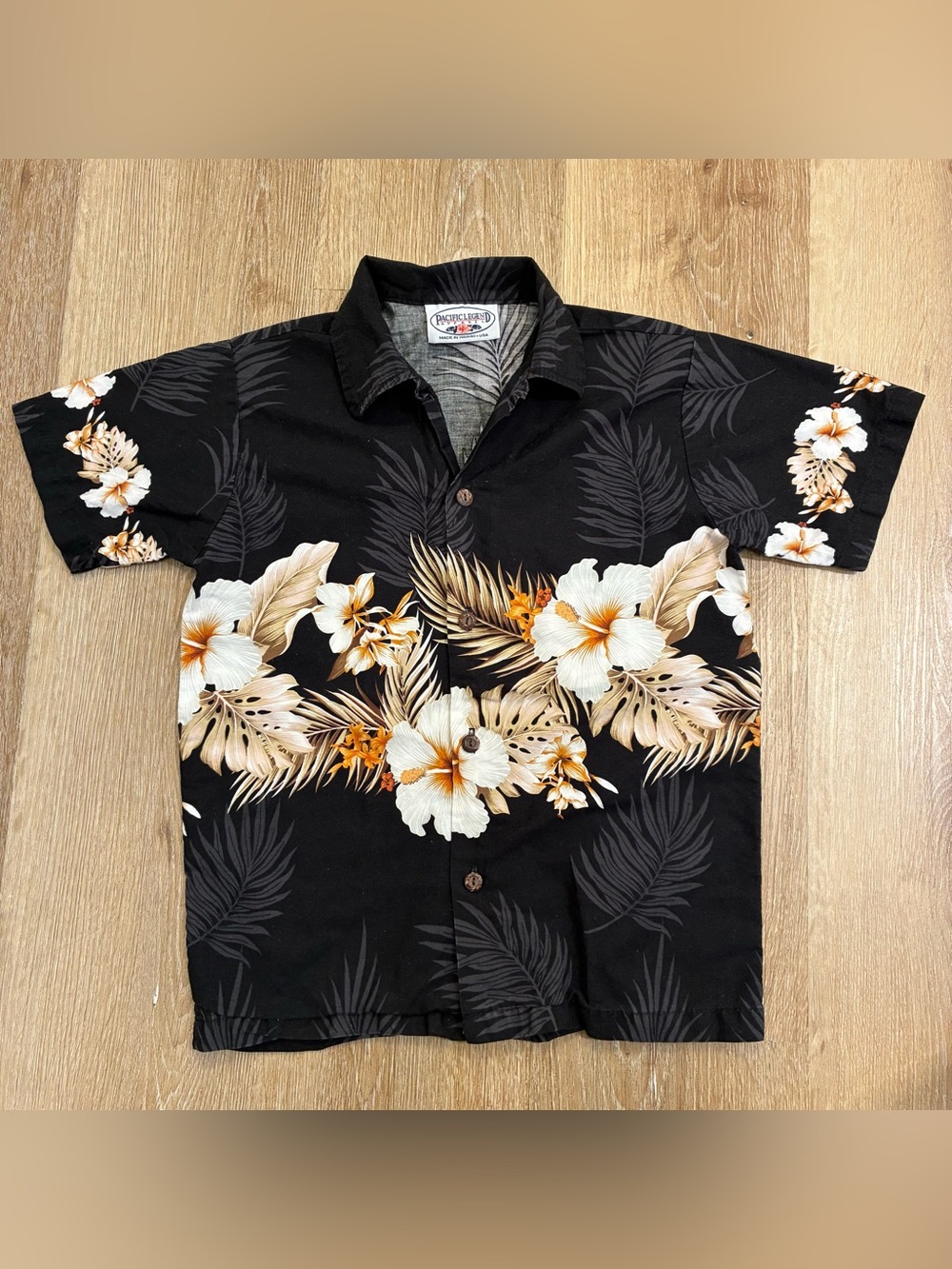 Pacific Legend Kids Hawaiian Aloha Shirt Black Floral Hibiscus 100% Cotton USA S